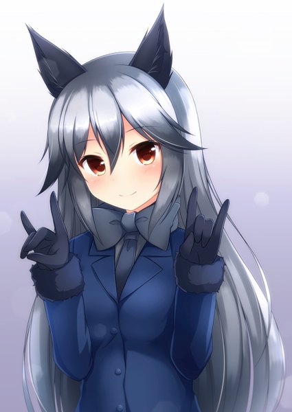 Anime picture 878x1240 with kemono friends silver fox (kemono friends) shirasawa kazane single long hair tall image looking at viewer blush fringe breasts smile hair between eyes brown eyes animal ears multicolored hair grey hair grey background arms up fur trim fox ears