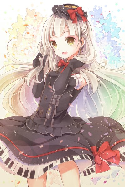Anime picture 584x878 with vocaloid mayu (vocaloid) yonema single long hair tall image looking at viewer blush fringe open mouth standing yellow eyes white hair grey hair adjusting hair girl dress gloves flower (flowers) bow