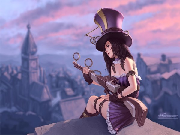 Anime picture 1600x1200 with league of legends caitlyn (league of legends) tsuaii single long hair black hair sitting purple eyes lips realistic steam punk girl dress gloves weapon hat fingerless gloves gun top hat