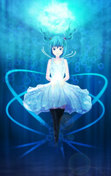 Anime-Bild 1263x2000 mit touhou kawashiro nitori single long hair tall image looking at viewer blue eyes twintails blue hair light smile blue background underwater girl thighhighs dress black thighhighs sundress bubble (bubbles)