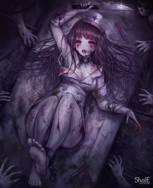 Anime picture 2434x3000 with original shale long hair tall image looking at viewer fringe highres breasts open mouth light erotic black hair red eyes absurdres full body bent knee (knees) lying blunt bangs barefoot off shoulder short sleeves