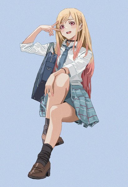 Anime picture 1978x2894 with sono bisque doll wa koi wo suru cloverworks kitagawa marin shiren (ourboy83) single long hair tall image highres open mouth simple background blonde hair sitting full body :d pleated skirt pink eyes victory blue background girl skirt