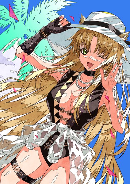 Anime picture 2480x3508 with arknights swire (arknights) swire the elegant wit (arknights) shokikanes single long hair tall image highres breasts open mouth light erotic blonde hair green eyes animal ears sky cloud (clouds) official alternate costume ;d clothes around waist girl