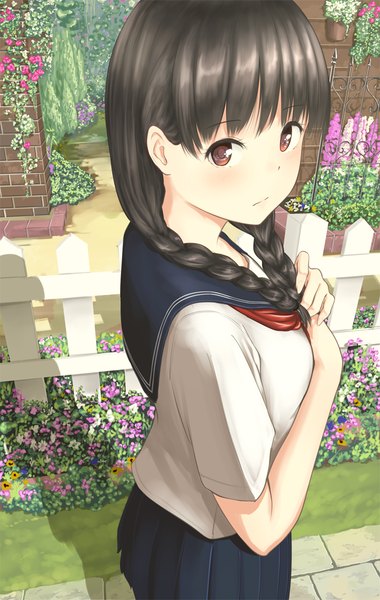 Anime picture 698x1100 with original minagiku single long hair tall image looking at viewer blush fringe black hair red eyes standing outdoors blunt bangs braid (braids) pleated skirt from above sunlight shadow short sleeves twin braids