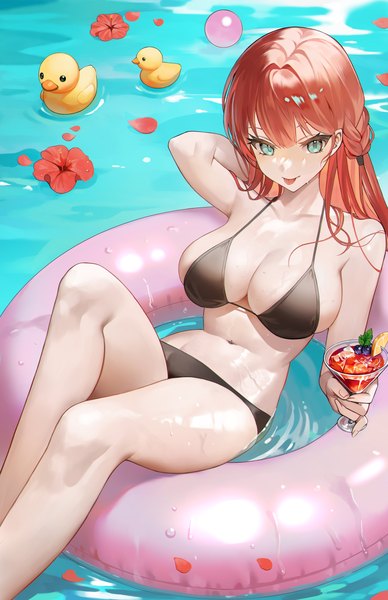 Anime picture 3000x4641 with original chungla single long hair tall image fringe highres breasts light erotic smile large breasts holding looking away bent knee (knees) red hair blunt bangs arm up aqua eyes from above wet