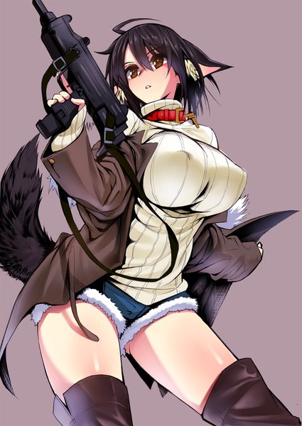 Anime picture 1074x1516 with original gen (black factory) single tall image short hair breasts light erotic black hair simple background large breasts holding brown eyes animal ears looking away ahoge tail animal tail grey background wolf ears wolf tail