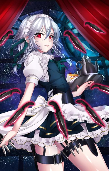 Anime picture 800x1251 with touhou izayoi sakuya kagami com single tall image looking at viewer blush fringe short hair breasts hair between eyes red eyes standing holding payot silver hair indoors braid (braids) looking back lips