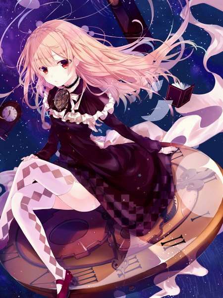 Anime picture 2427x3232 with jne*jing single long hair tall image blush fringe highres blonde hair red eyes sitting looking away blunt bangs braid (braids) long sleeves from above crossed legs checkered girl shoes frills