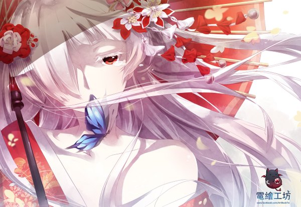Anime picture 4843x3332 with original shoufukucho single long hair looking at viewer fringe highres red eyes absurdres white hair hair flower hair over one eye albino girl hair ornament flower (flowers) insect butterfly