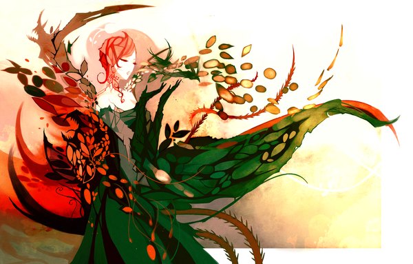 Anime picture 1500x958 with original nanomortis (artist) single short hair open mouth bare shoulders red hair eyes closed wind girl dress plant (plants) leaf (leaves)