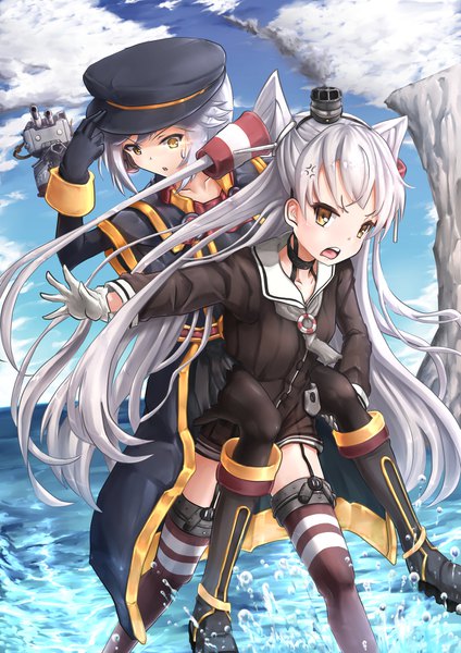Anime picture 1170x1654 with kantai collection starcraft blizzard entertainment amatsukaze destroyer battlecruiser (starcraft) wakaura asaho long hair tall image looking at viewer blush open mouth multiple girls brown eyes animal ears yellow eyes payot silver hair cloud (clouds) full body outdoors