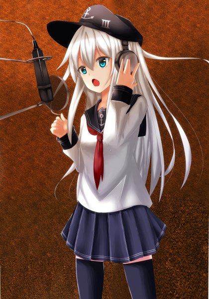 Anime picture 1000x1428 with kantai collection hibiki destroyer risokaso single long hair tall image fringe open mouth blue eyes standing white hair pleated skirt singing hand on headphones girl thighhighs skirt black thighhighs headphones microphone