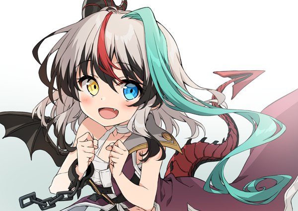 Anime picture 1432x1013 with sentouin hakenshimasu! j.c. staff rose (sentouin hakenshimasu!) kakao rantan single looking at viewer blush fringe short hair open mouth simple background hair between eyes silver hair tail :d multicolored hair horn (horns) fang (fangs) streaked hair heterochromia
