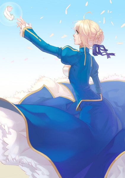 Anime picture 844x1199 with fate (series) fate/stay night type-moon artoria pendragon (all) saber -elf-jy single long hair tall image breasts blue eyes blonde hair large breasts standing looking away braid (braids) long sleeves wind outstretched arm girl
