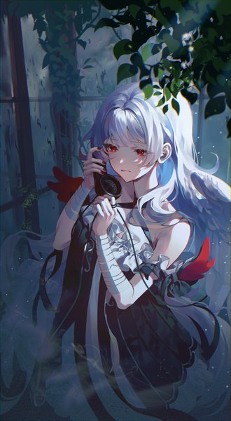Anime picture 2396x4357 with original ramingbera single long hair tall image fringe highres red eyes standing holding payot looking away silver hair nail polish fingernails off shoulder arms up shaded face anaglyph white wings