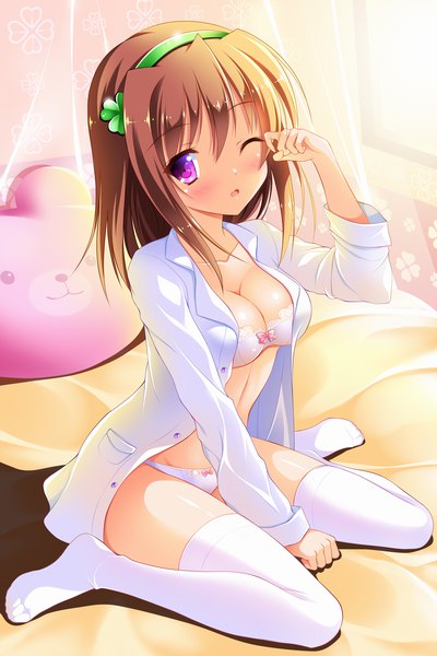 Anime picture 1100x1650 with original bashen chenyue single long hair tall image looking at viewer blush breasts open mouth light erotic brown hair sitting purple eyes cleavage one eye closed open shirt wariza sleepy girl thighhighs