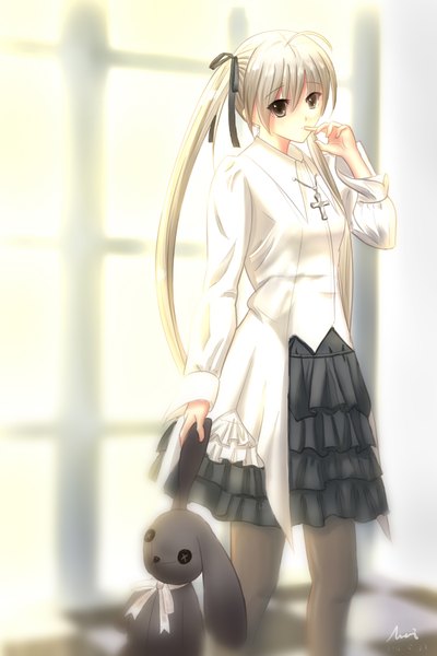 Anime picture 2400x3600 with yosuga no sora kasugano sora dance of eternity long hair tall image highres twintails brown eyes white hair finger to mouth girl dress ribbon (ribbons) hair ribbon toy stuffed animal stuffed rabbit