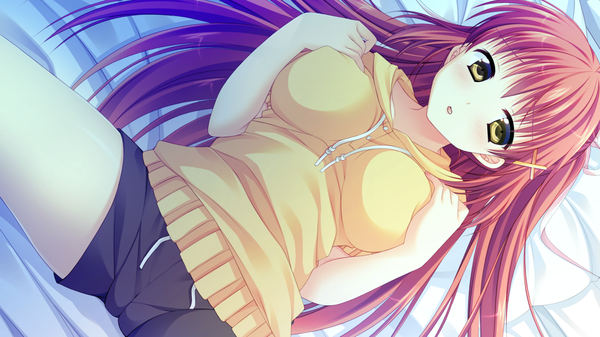 Anime picture 1280x720 with natsu koi high pressure nanase hikari ayamisiro single long hair looking at viewer blush breasts open mouth light erotic wide image large breasts brown eyes game cg red hair on back spread legs erect nipples covered nipples cameltoe