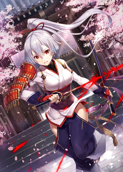 Anime picture 643x900 with fate (series) fate/grand order tomoe gozen (fate) gabiran single long hair tall image looking at viewer blush fringe hair between eyes red eyes standing holding payot ponytail traditional clothes japanese clothes wind sunlight