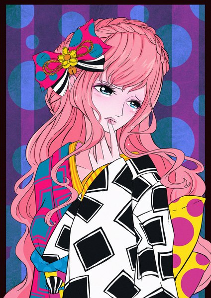Anime picture 1448x2048 with one piece toei animation shirahoshi sherumaru (korcht06) single long hair tall image blush fringe blue eyes simple background payot looking away pink hair upper body braid (braids) nail polish traditional clothes japanese clothes fingernails