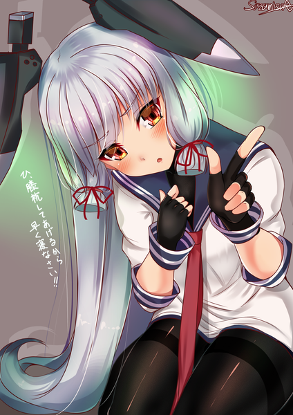 Anime picture 1240x1754 with kantai collection murakumo destroyer sazamiso rx single long hair tall image looking at viewer blush fringe open mouth simple background hair between eyes sitting signed silver hair parted lips head tilt :o orange eyes text