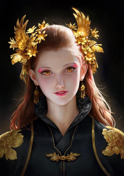 Anime picture 1500x2122 with original wenfei ye single long hair tall image looking at viewer simple background smile brown hair yellow eyes upper body parted lips lips realistic lipstick black background portrait eyeshadow pink lipstick girl