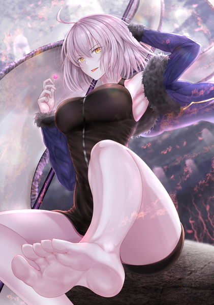 Anime picture 2460x3507 with fate (series) fate/grand order jeanne d'arc (fate) (all) jeanne d'arc alter (fate) penguintake single tall image looking at viewer fringe highres short hair breasts open mouth light erotic hair between eyes large breasts sitting holding yellow eyes silver hair