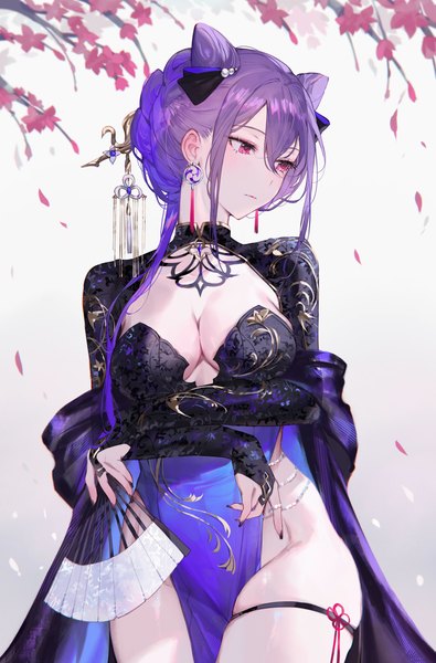 Anime picture 4378x6642 with genshin impact keqing (genshin impact) qiandaiyiyu single long hair tall image blush fringe highres breasts light erotic simple background hair between eyes large breasts standing holding payot looking away absurdres purple hair
