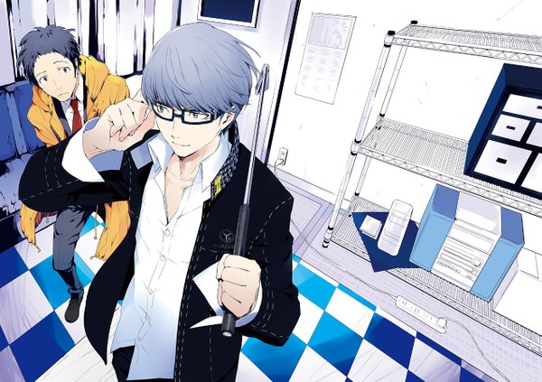 Anime picture 1275x900 with persona 4 persona tagme (character) narukami yuu gin shari dobin short hair blue eyes grey eyes open collar checkered floor adjusting glasses boy uniform school uniform glasses necktie couch suit coat wire (wires)