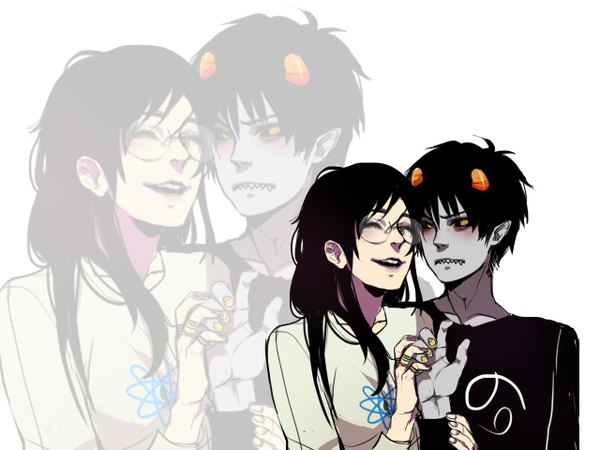 Anime picture 1280x960 with homestuck karkat vantas jade harley shoolpyme long hair blush short hair open mouth black hair smile eyes closed nail polish horn (horns) pointy ears teeth holding hands zoom layer oni horns sharp teeth girl