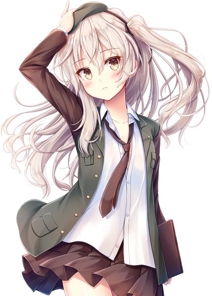 Anime picture 1100x1530 with girls und panzer shimada arisu coffee-kizoku single long hair tall image looking at viewer blush fringe simple background hair between eyes white background holding brown eyes silver hair pleated skirt side ponytail hand on head girl skirt