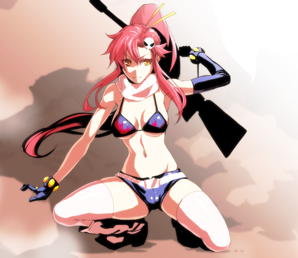 Anime picture 1400x1214 with tengen toppa gurren lagann gainax yoko littner pizaya single long hair looking at viewer breasts light erotic pink hair ponytail bare belly orange eyes squat girl thighhighs gloves navel weapon white thighhighs