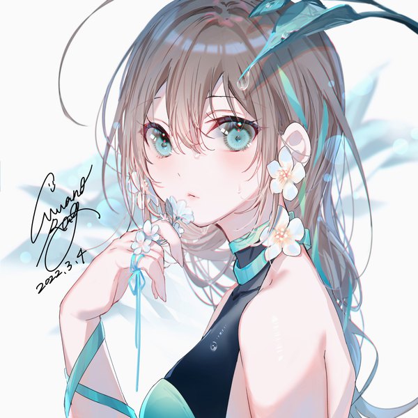 Anime picture 1200x1200 with original miwano rag single long hair looking at viewer blush fringe simple background hair between eyes brown hair bare shoulders signed upper body arm up aqua eyes turning head dated girl flower (flowers) ribbon (ribbons)