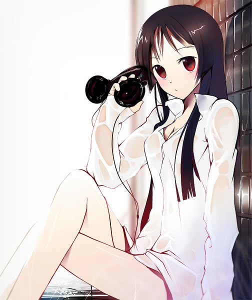 Anime picture 1000x1189 with k-on! kyoto animation akiyama mio machimura komori single long hair tall image looking at viewer blush breasts light erotic black hair red eyes large breasts sitting holding bare legs wet clothes partially open clothes white skin