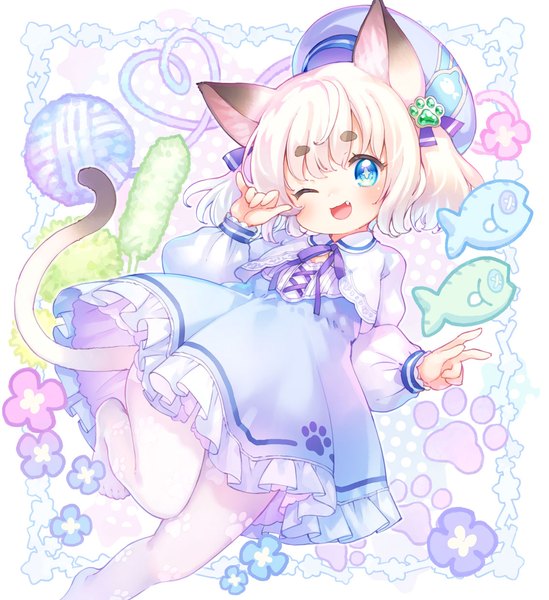 Anime picture 1136x1241 with original kito (sorahate) single tall image looking at viewer blush fringe short hair open mouth blue eyes smile animal ears bent knee (knees) white hair tail blunt bangs long sleeves head tilt animal tail one eye closed