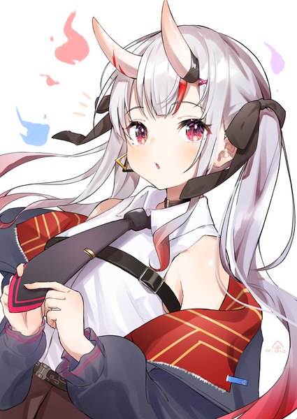 Anime picture 2508x3541 with virtual youtuber hololive nakiri ayame nakiri ayame (streetwear) furuki ayaginutaira single long hair tall image looking at viewer blush highres simple background red eyes white background twintails silver hair upper body multicolored hair horn (horns) :o