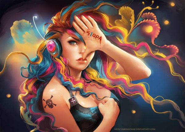 Anime picture 1404x1000 with sakimichan single long hair breasts blue eyes light erotic blonde hair signed blue hair looking away pink hair multicolored hair lips realistic tattoo drill hair covering skull and crossbones girl headphones