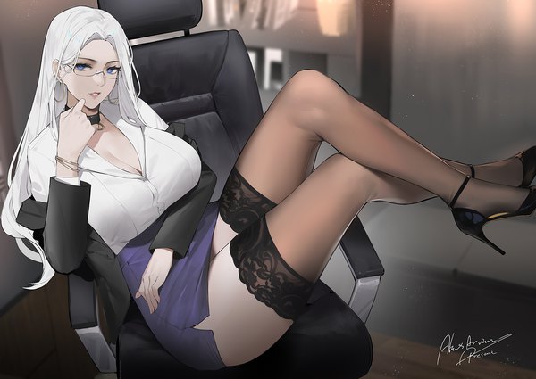 Anime picture 1448x1025 with original alios arvin single long hair looking at viewer breasts blue eyes light erotic large breasts signed cleavage full body white hair indoors long sleeves parted lips blurry mole teeth high heels