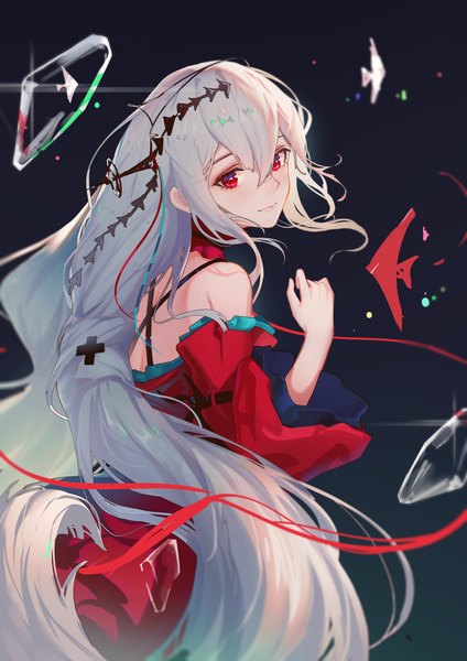 Anime-Bild 2480x3508 mit arknights skadi (arknights) skadi the corrupting heart (arknights) szh--- single tall image looking at viewer fringe highres smile hair between eyes red eyes silver hair very long hair official alternate costume girl detached sleeves animal fish (fishes)