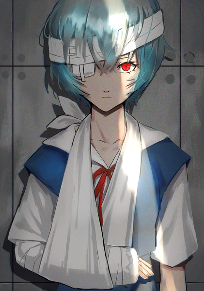 Anime picture 2033x2900 with neon genesis evangelion gainax ayanami rei acchom zatta single tall image looking at viewer fringe highres short hair hair between eyes red eyes blue hair upper body sunlight sunbeam against wall bandage over one eye girl uniform