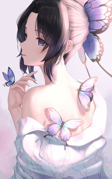Anime picture 2770x4414 with kimetsu no yaiba ufotable kochou shinobu tooku0 single tall image fringe highres short hair open mouth blue eyes black hair simple background payot looking away upper body profile off shoulder revision butterfly on hand