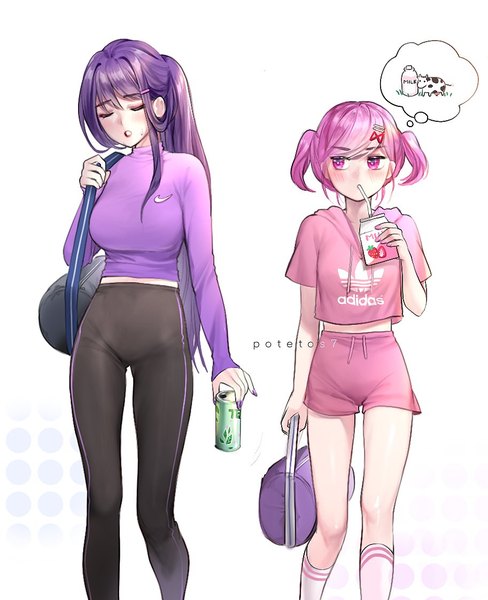 Anime picture 913x1123 with doki doki literature club nike adidas yuri (doki doki literature club) natsuki (doki doki literature club) potetos7 long hair tall image blush fringe short hair breasts simple background hair between eyes large breasts standing white background twintails multiple girls holding