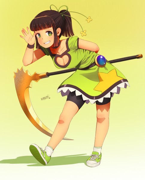 Anime picture 1033x1280 with original dfer single tall image short hair simple background smile brown hair green eyes ponytail loli grin yellow background girl dress hair ornament weapon shoes sneakers wristlet