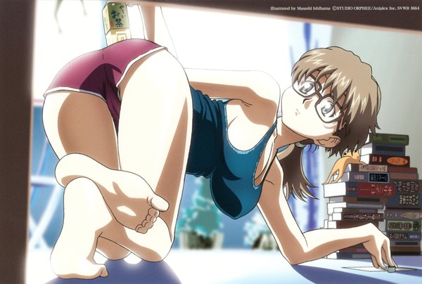 Anime picture 2406x1622 with read or die j.c. staff sumiregawa nenene single highres breasts light erotic brown hair bare shoulders signed cleavage ponytail looking back barefoot from behind scan grey eyes cameltoe girl glasses