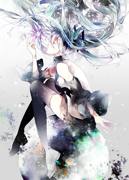 Anime picture 800x1115 with vocaloid hatsune miku reika (artist) single long hair tall image twintails bare shoulders eyes closed profile aqua hair grey background weightlessness girl detached sleeves headphones star (stars) thigh boots