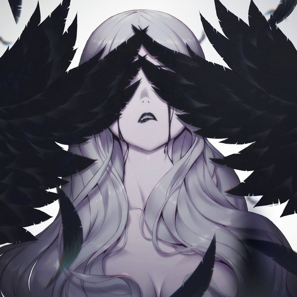Anime picture 1730x1731 with original paul (shiramune) single long hair tall image highres breasts light erotic large breasts white background cleavage white hair lipstick wavy hair pale skin black wings covering eye (eyes) black lipstick lip biting girl