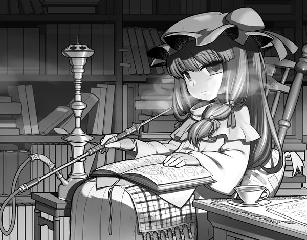Anime picture 2948x2308 with touhou patchouli knowledge ume (noraneko) long hair looking at viewer highres monochrome smoking girl dress gloves bow book (books) bonnet hookah
