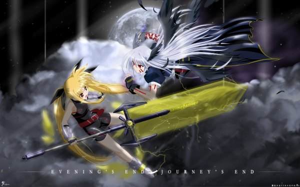 Anime picture 2560x1600 with mahou shoujo lyrical nanoha fate testarossa takamachi nanoha bardiche reinforce solwyvern long hair highres blonde hair red eyes wide image twintails multiple girls signed silver hair cloud (clouds) full body wallpaper copyright name facial mark