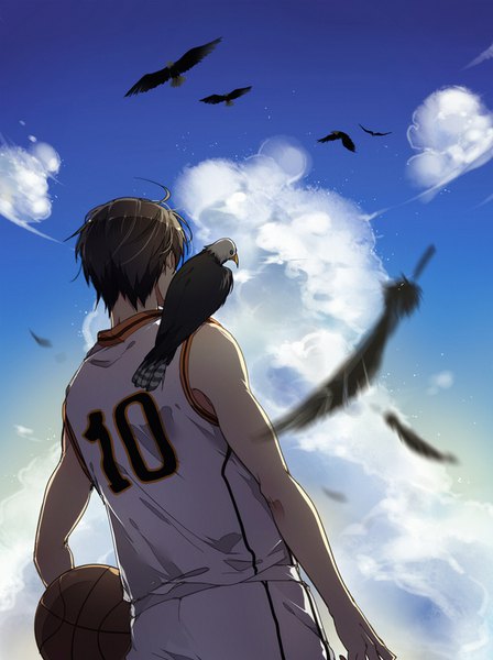 Anime picture 748x1000 with kuroko no basket production i.g takao kazunari kurasaki ken single tall image short hair brown hair standing bare shoulders sky cloud (clouds) from behind animal on shoulder bird on shoulder boy uniform animal bird (birds) feather (feathers)