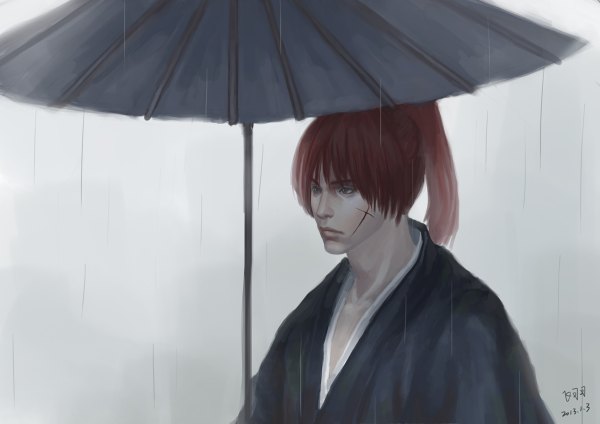 Anime picture 1200x848 with rurouni kenshin himura kenshin piaoluo de fei yu single long hair brown eyes signed ponytail red hair grey background scar rain boy umbrella